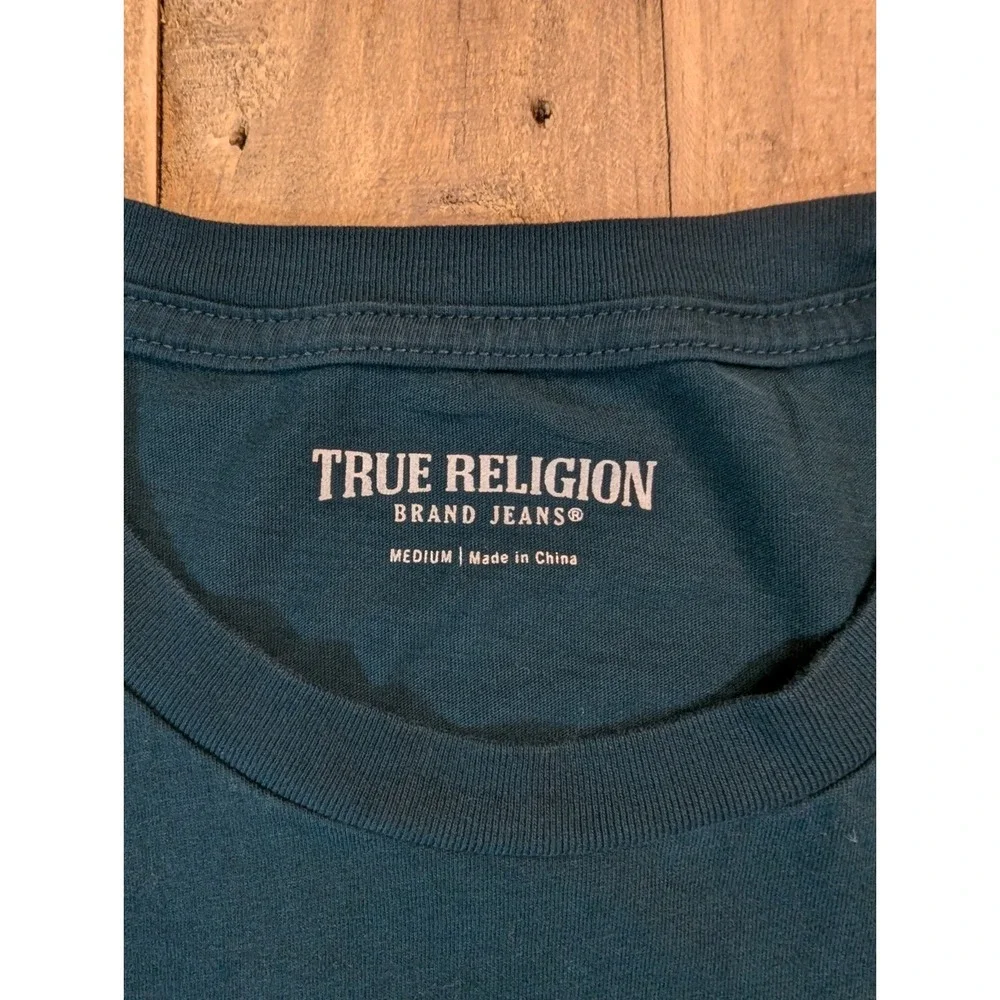 True Religion T Shirt Crew Neck Embroidered Vines Graphic Dark Green Mens Medium